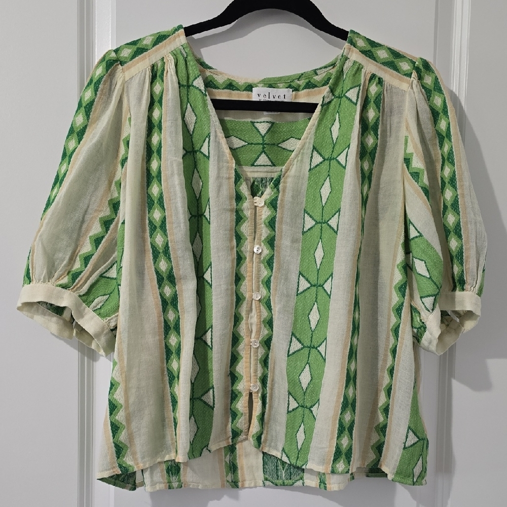 Velvet Green and Cream Patterned Blouse